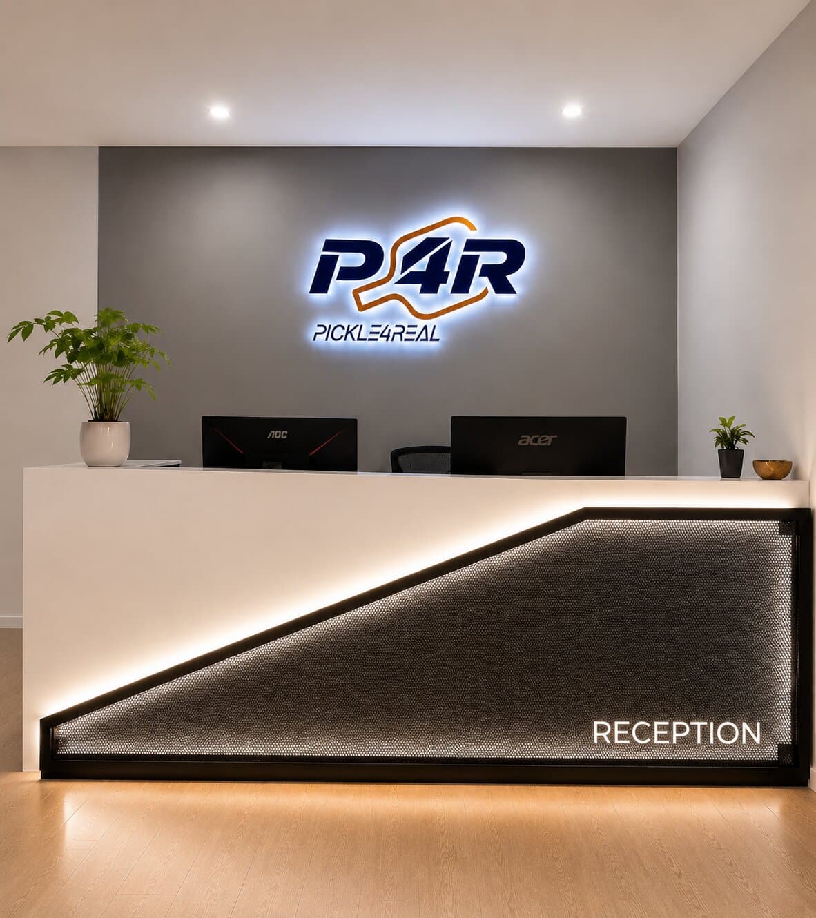 The Pickle4Real reception desk with backlit P4R logo